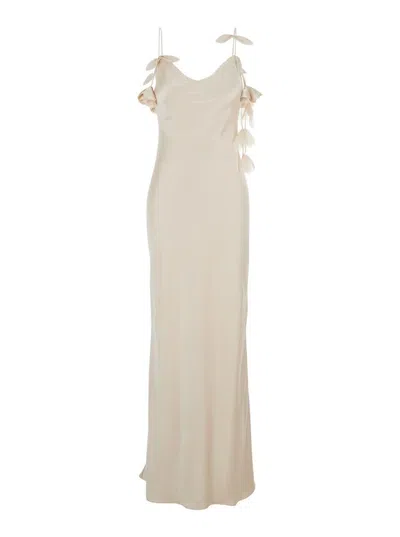 Self-portrait Beige Long Dress With Spaghetti Straps And Ruched Details In Tech Fabric Woman
