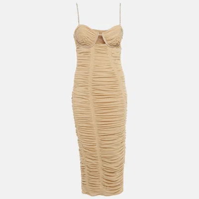 Pre-owned Self-portrait Beige Mesh Embellished Strap Detail Ruched Midi Dress M In Sand