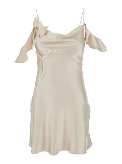 Self-portrait Beige Off-shoulder Mini Dress With Ruched Details In Tech Fabric Woman In Nude
