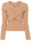 Self-portrait Self Portrait Beige Ribbed Knit Wrap Top In Brown