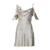 Self-portrait Beige Satin Mini Dress With Cold Shoulder Design And Floral Appliqués In Silver