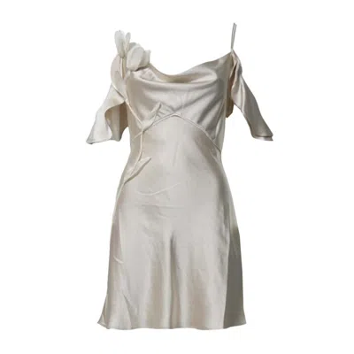 Self-portrait Beige Satin Mini Dress With Cold Shoulder Design And Floral Appliqués In Silver