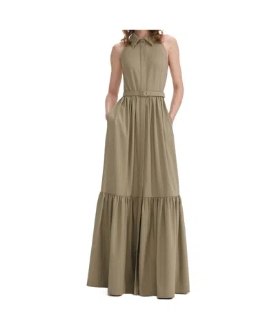 Self-portrait Beige Sleeveless Twill Maxi Dress In Green