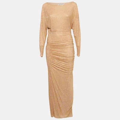 Pre-owned Self-portrait Beige/dust Rose Rhinestone Embellished Mesh Midi Dress S