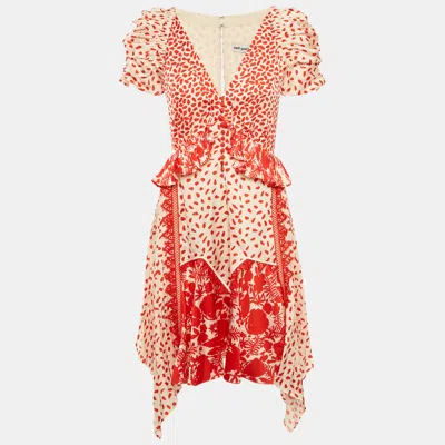 Pre-owned Self-portrait Beige/red Printed Satin Handkerchief Dress S