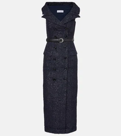 Self-portrait Belted Bouclé Midi Dress In Blue
