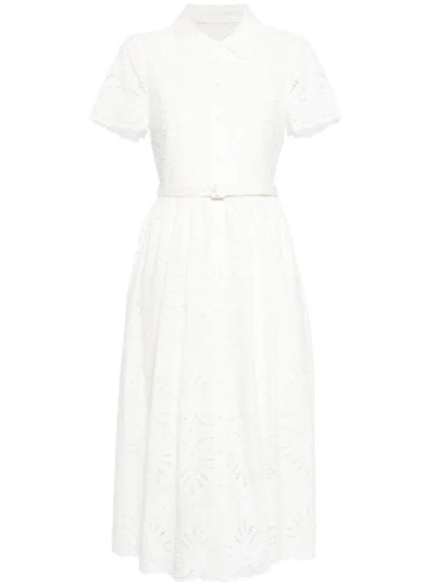 Self-portrait Belted Broderie-anglaise Cotton Midi Dress In White