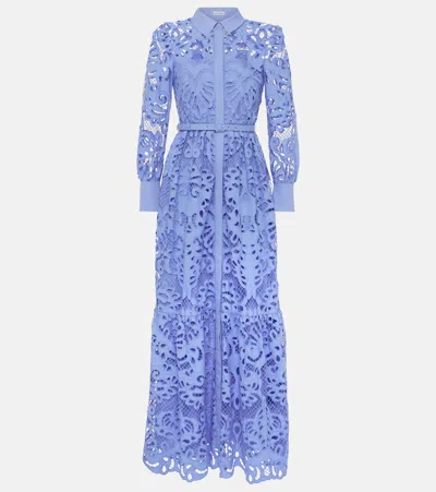 Self-portrait Belted Cotton Lace Maxi Dress In Blue
