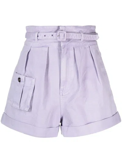 Self-portrait Belted Cotton Shorts In Purple