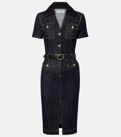 Self-portrait Belted Denim Midi Dress In Blue