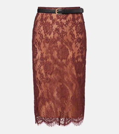 Self-portrait Belted Floral Lace Midi Skirt In Brown