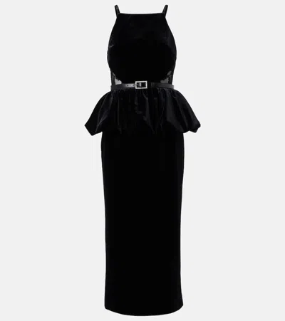 Self-portrait Belted Lace-trimmed Velvet Midi Dress In Black