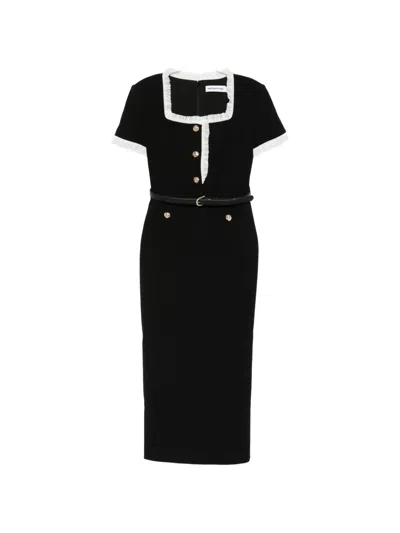 Self-portrait Belted Ruffled Lace-trimmed Crepe Midi Dress In Black