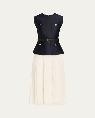 Self-portrait Belted Mixed-media Midi Dress In Multi