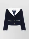 Self-portrait Belted Waist Short Jacket With Stripe Trim In Blue