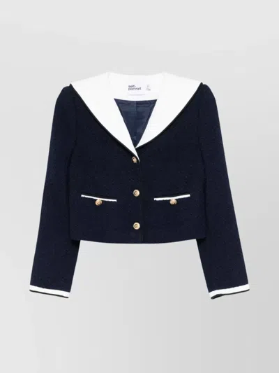 Self-portrait Belted Waist Short Jacket With Stripe Trim In Blue