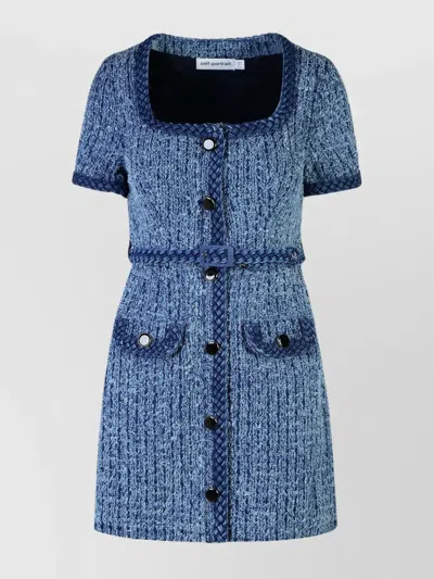 Self-portrait Belted Waist Tweed Texture Dress In Blue