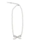 Self-portrait Lustrous Pearl Necklace With Bow-shaped Pendant In Metallic