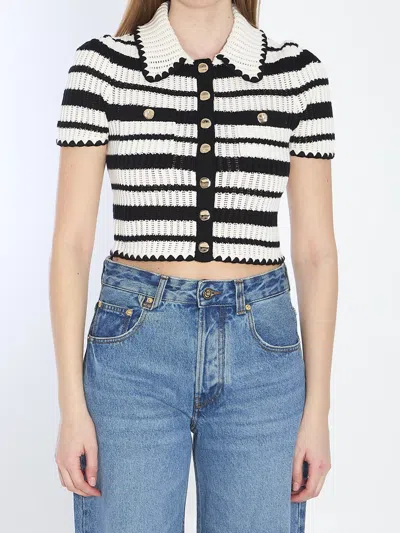 SELF-PORTRAIT BLACK AND WHITE STRIPED CROCHET TOP