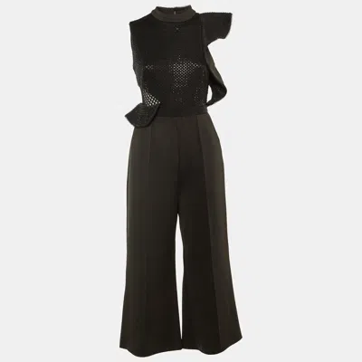 Pre-owned Self-portrait Black Bead Embellished Jersey Ruffled Jumpsuit M