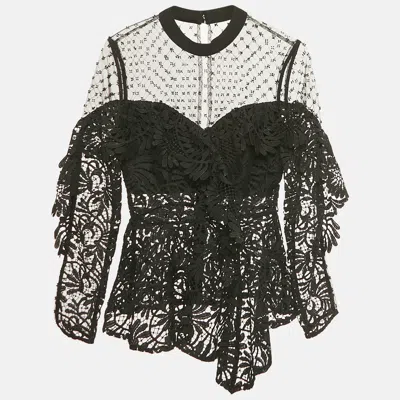 Pre-owned Self-portrait Black Beaded Tulle And Lace Top Xs
