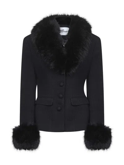 SELF-PORTRAIT BLACK BOUCLÉ FAUX FUR TRIMS JACKET