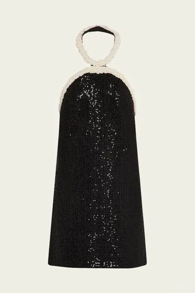 SELF-PORTRAIT BLACK BOUCLE PEARL TRIM MINI DRESS