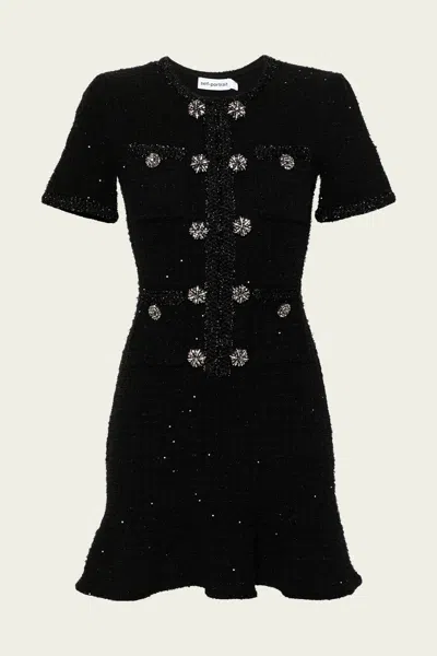 SELF-PORTRAIT BLACK BUTTONED KNIT MINI DRESS IN BLACK