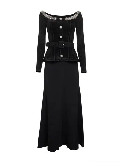 Self-portrait Black Chenille And Knit Crystal Trim Midi Dress