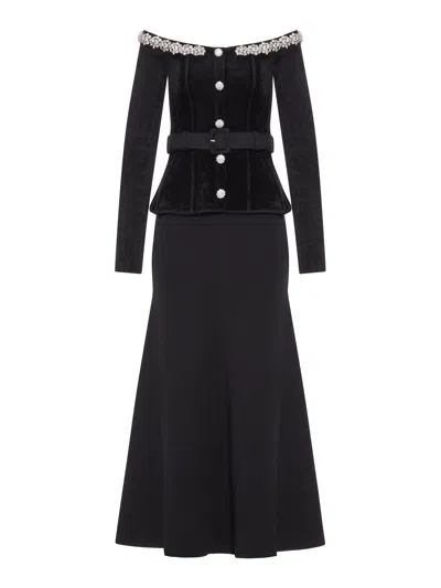 Self-portrait Crystal-embellished Chenille Belted Maxi Dress In Black