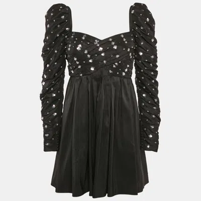 Pre-owned Self-portrait Black Cluster Sequin Taffeta Pleated Mini Dress S