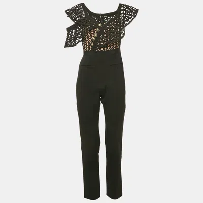 Pre-owned Self-portrait Black Crepe And Lace Frill Asymmetric Jumpsuit S
