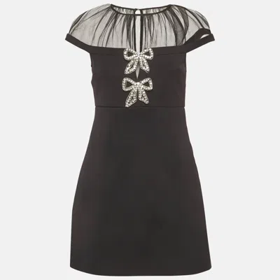 Pre-owned Self-portrait Black Crepe And Mesh Bow Mini Dress S