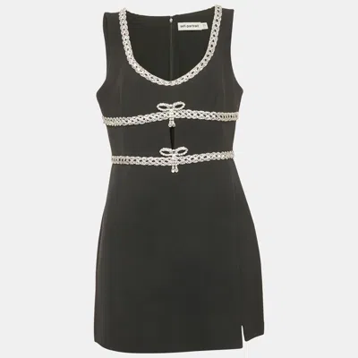 Pre-owned Self-portrait Black Crepe Crystal Diamante Bow Mini Dress L