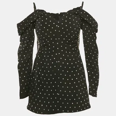 Pre-owned Self-portrait Black Crepe Embellished Off-shoulder Diamante Dress M