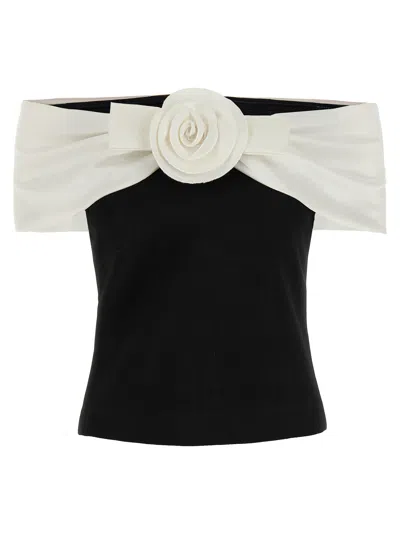 SELF-PORTRAIT BLACK CRÊPE FLOWER TOPS WHITE/BLACK