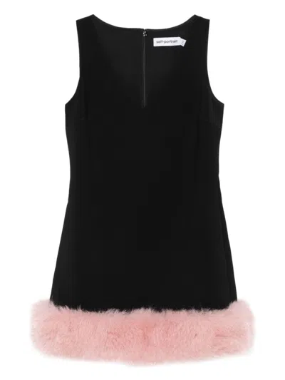 SELF-PORTRAIT BLACK CREPE FUR HEM MINI DRESS