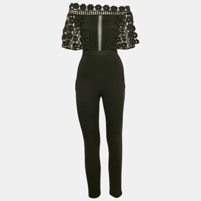Pre-owned Self-portrait Black Crepe Lace Overlay Detail Jumpsuit S