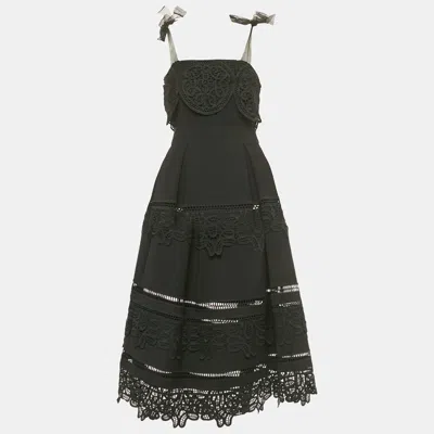 Pre-owned Self-portrait Black Crepe Lace Trim Detail Tie-up Strap Midi Dress S