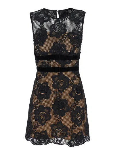 Self-portrait Black Crewneck Mini Dress With Lace Embellishments And Semi Sheer Design In Tech Fabric Woman