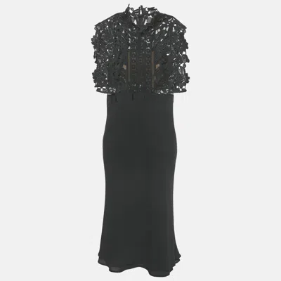 Pre-owned Self-portrait Black Cropped Lace Overlay Crepe Midi Dress M