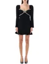 SELF-PORTRAIT BLACK DIAMANTE BOW MINI DRESS WITH SWEETHEART NECKLINE AND LONG SLEEVES