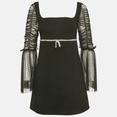 Pre-owned Self-portrait Black Dot Mesh And Crepe Diamante Bow Mini Dress S