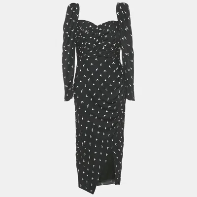 Pre-owned Self-portrait Black Dots Print Crepe Long Sleeve Midi Dress M
