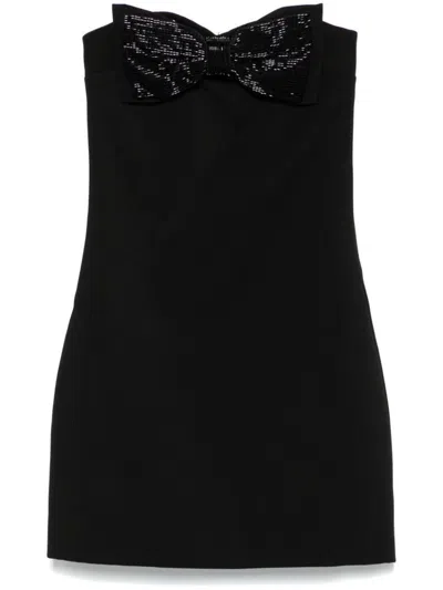 Self-portrait Black Sleeveless Mini Dress With Bandeau And Beaded Oversize Bow In Tech Fabric Woman
