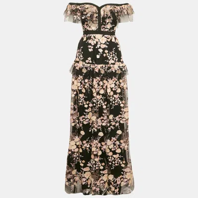 Pre-owned Self-portrait Black Floral Embroidered Tulle Tiered Maxi Dress M