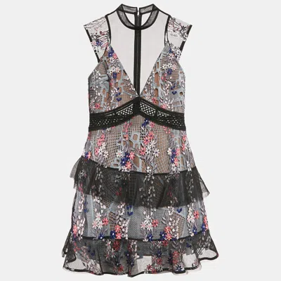 Pre-owned Self-portrait Black Floral Embroidered Tulle Tiered Mini Dress M