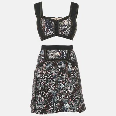Pre-owned Self-portrait Black Floral Jacquard Top And Pleated Skirt Set M/s