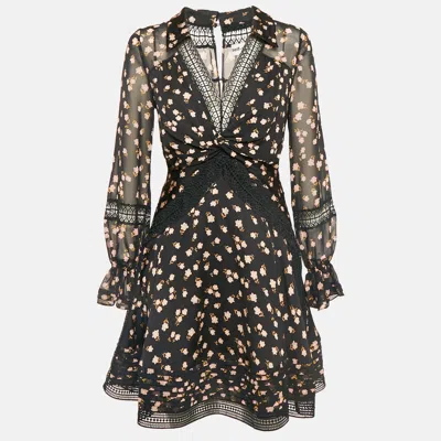 Pre-owned Self-portrait Black Floral Printed Chiffon & Lace Mini Dress S