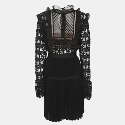 Pre-owned Self-portrait Black Guipure Lace & Organza Trim Pleated Adeline Dress L